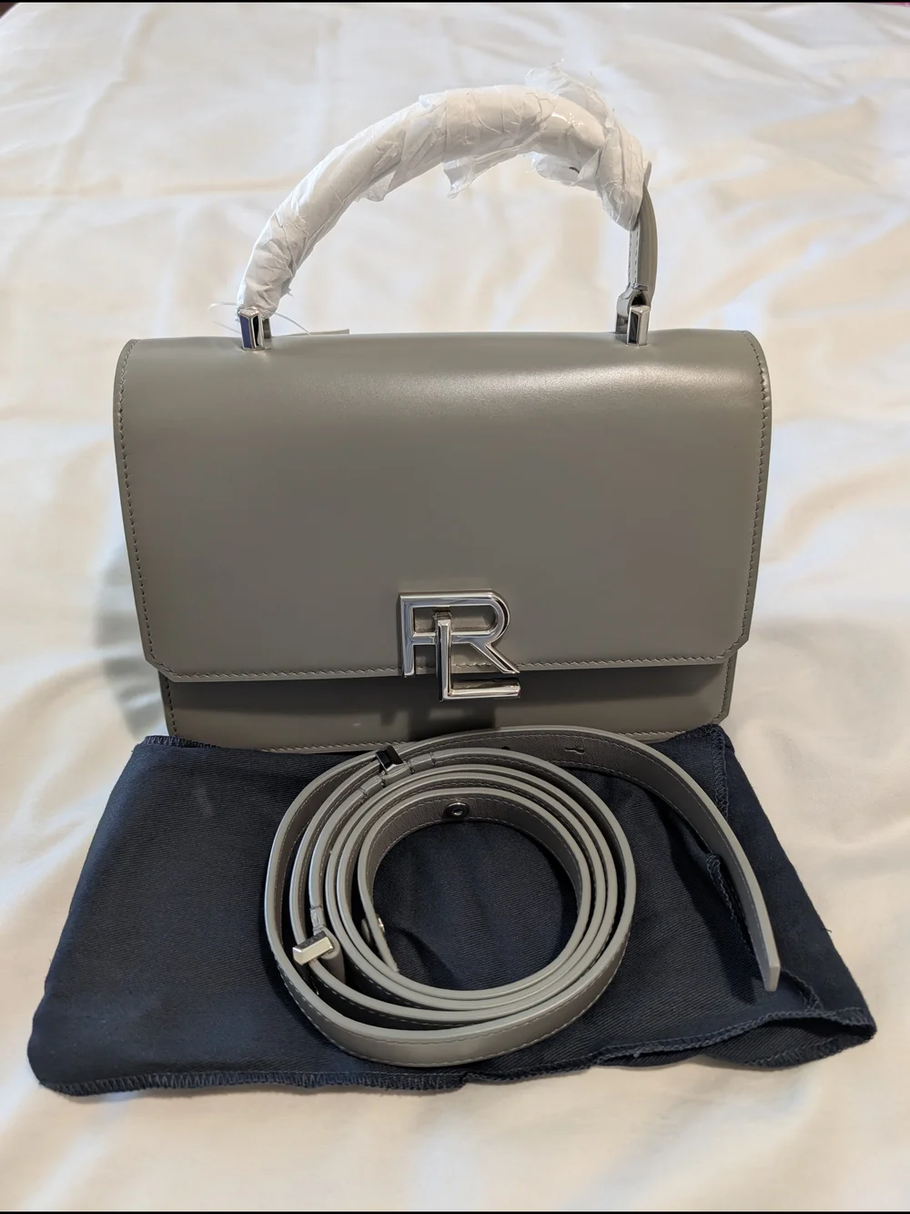 Ralph Lauren Gray Smooth Leather Top-Handle Crossbody with Silver RL Hardware